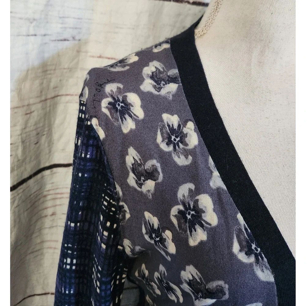 Tory Burch Wool Cardigan Floral Plaid Mixed Media Navy Blue XL